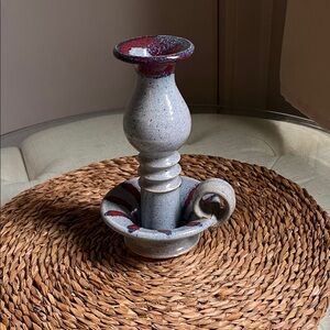 Vintage Signed Mahon Made Stoneware Pottery Blue Chamber Stick Candle Holder